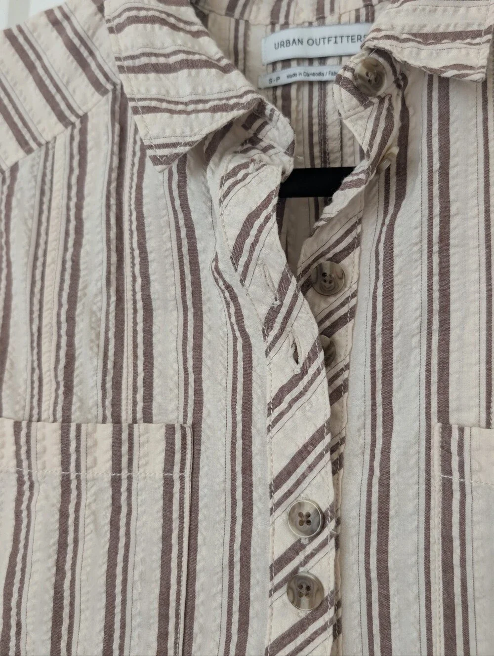 Sleeveless Striped Button-Front Cotton Romper in Beige and Brown S